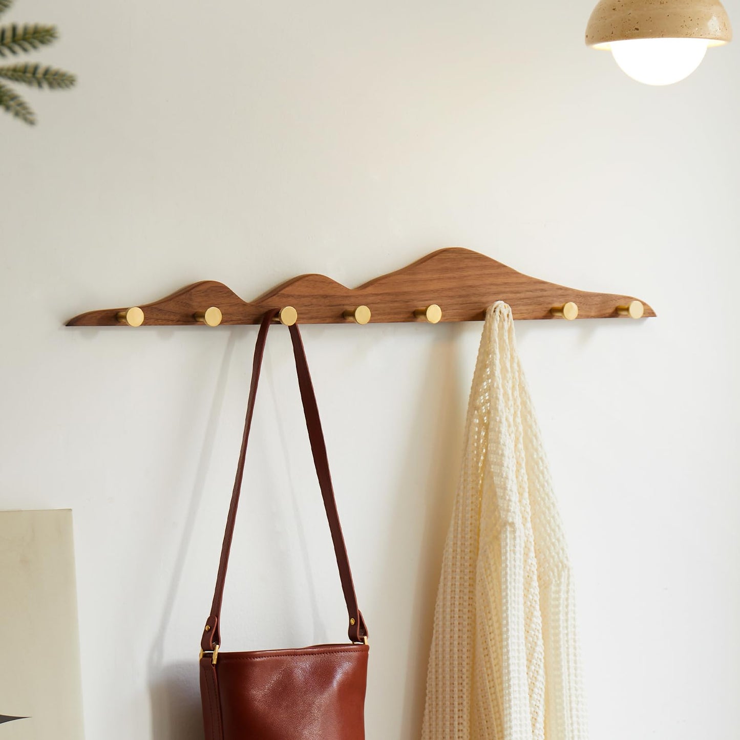 THFLSTR Elegant Wall Coat Rack with Hooks Walnut Wood Solid Coat Hanger Wall Mount with 8 Brass Hooks, Moisture-Resistant Wax Oil Finish for Home (Walnut, 8 Hooks)
