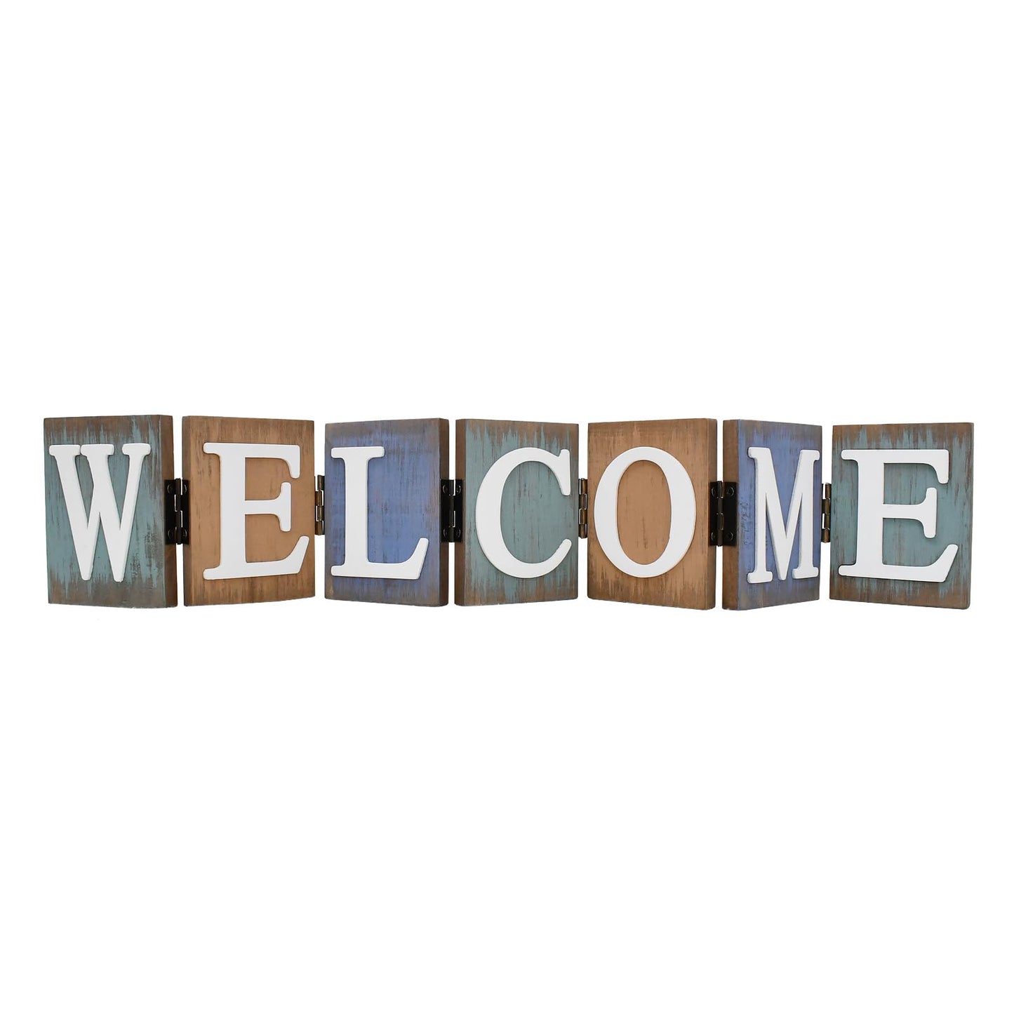 Welcome Tabletop Wooden Cutout Letter Sign - Folding Hinged Free Standing Rustic Love Word Sign for Table, Shelf, Mantel, Fireplace Farmhouse Home Decor