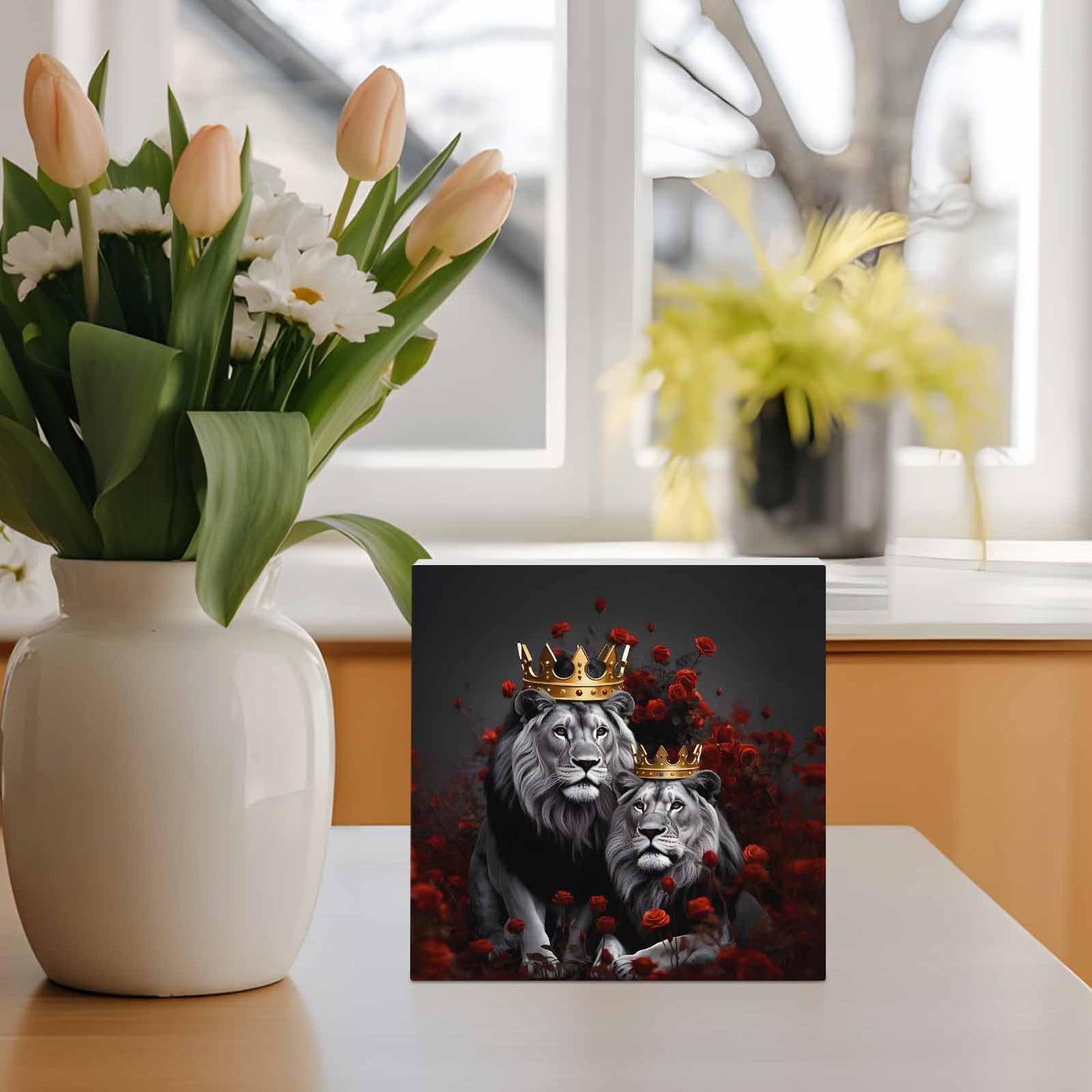Wood Box Sign Desk Decor Lions King Red Rose Flower Square Boxes Sign, Crowns Black Animal Art Wooden Block Box Sign Decoration for Home Wall Tabletop Shelf Office Decor,6x6IN