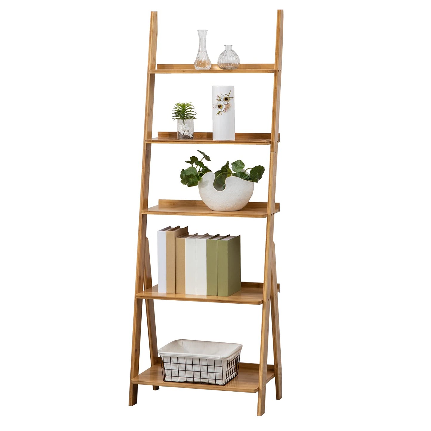SOBIBO Ladder Shelf Bookshelf, 5-Tier Leaning Shelf, Free Standing Organizer Storage Shelves, Storage Rack Shelf for Office, Living Room, Bedroom, Natural