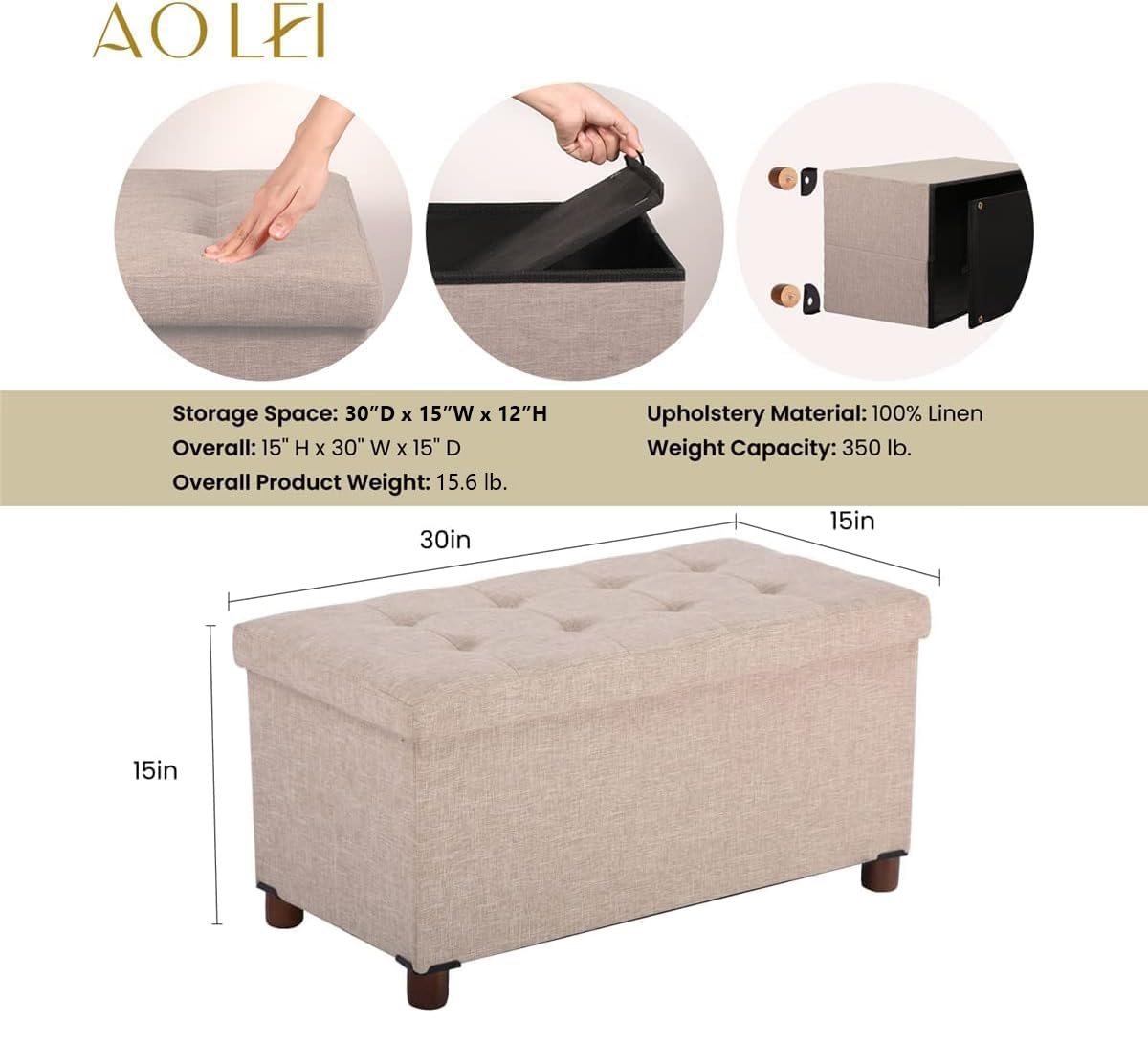 Ao Lei 30 Inches Storage Ottoman Bench, Storage Bench with Wooden Legs for Living Room Ottoman Foot Rest Removeable Lid for Bedroom End of Bed, Linen Fabric, Folding Beige Ottoman