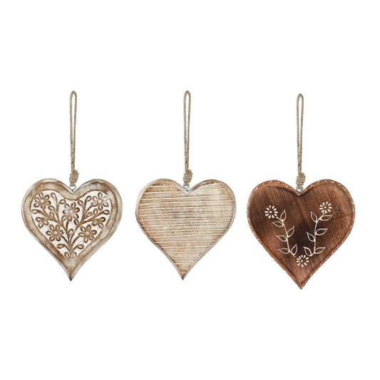 DEMDACO Floral Heart Whitewashed 5 x 5 Mango Wood Christmas Ornaments Set of 3