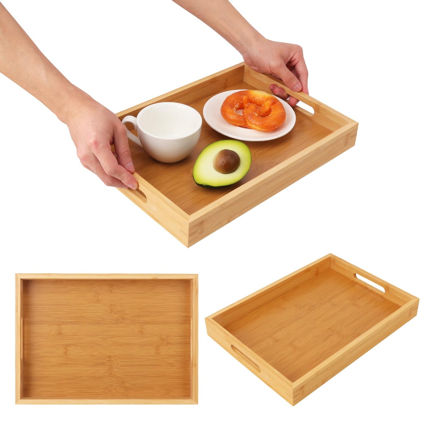 Geytetqi 3 Pack Large Bamboo Serving Tray with Handles, 14 x 10 inch Wooden Dinner Tray, Home Kitchen Breakfast Trays for Living Room Bedroom Kitchen Dinner Table, Picnic