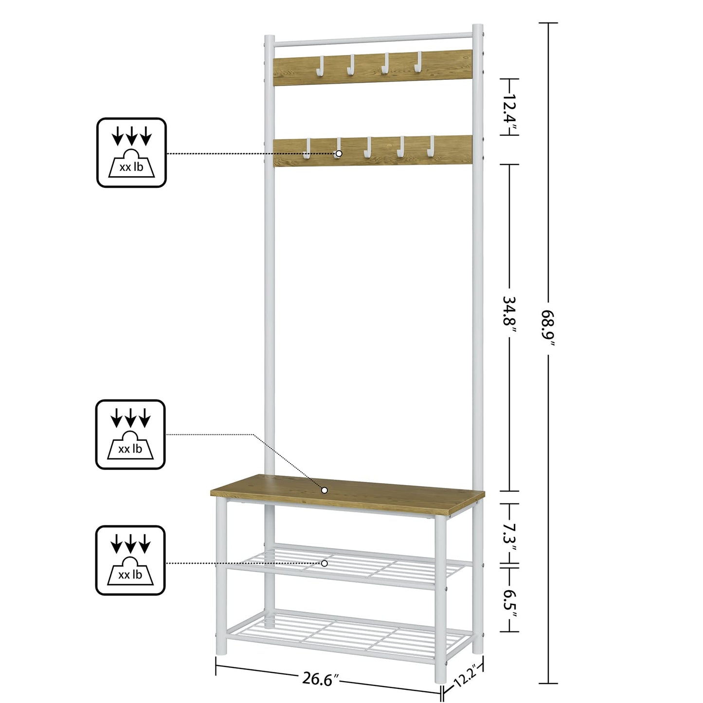 AEPOALUA Hall Tree with Bench and Shoe Storage, 3-in-1 Coat Rack Shoe Bench, Freestanding Wooden Coat Rack with Metal Frame, 3-Tier Storage Shelf and 9 Removable Hooks, White/Walnut