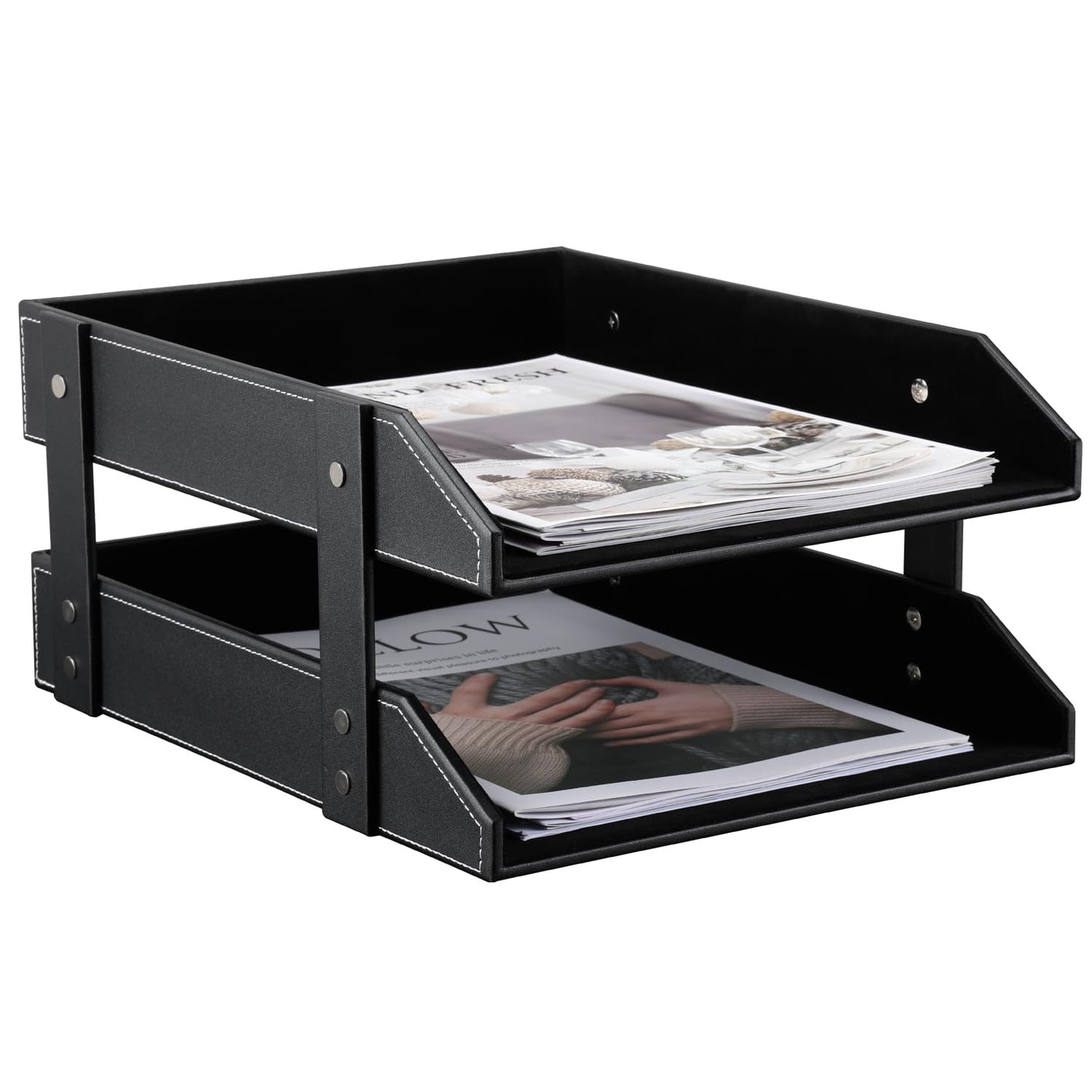 KINGFOM Letter Tray, Leather Paper Organizer Tray, Wooden Desk File Holder, Desktop File, Stackable Magazine Holder, Mail Sorter, Great for Home or Office - 2 Level Black