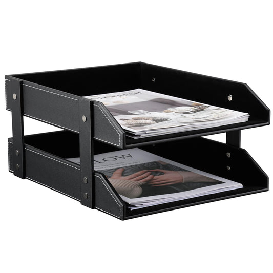 KINGFOM Letter Tray, Leather Paper Organizer Tray, Wooden Desk File Holder, Desktop File, Stackable Magazine Holder, Mail Sorter, Great for Home or Office - 2 Level Black