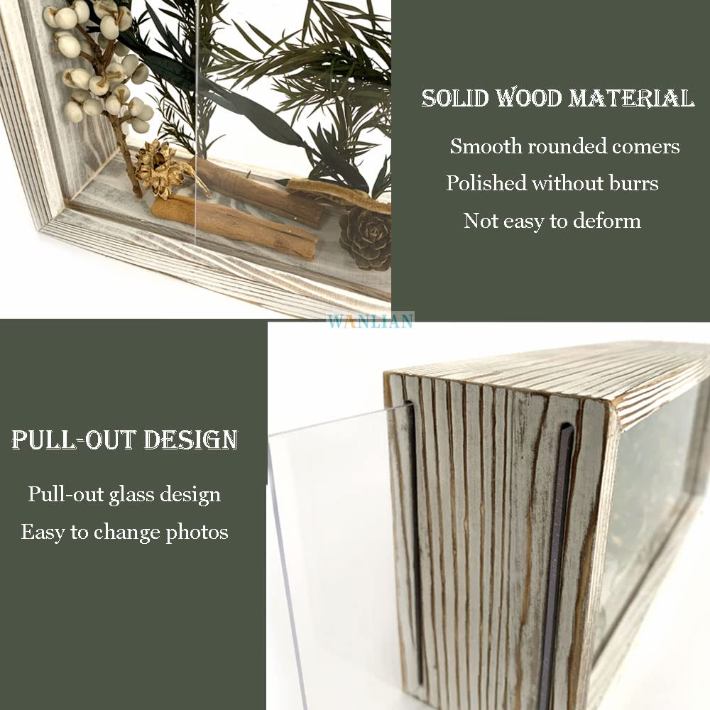 Shadow Photo Frame,Wooden Double-Sided High-Definition Plexiglass Storage Box, DIY Display Box, Suitable for Dried Flowers, Specimens, Handicrafts, Baby Souvenirs and Photos (Rustic White)