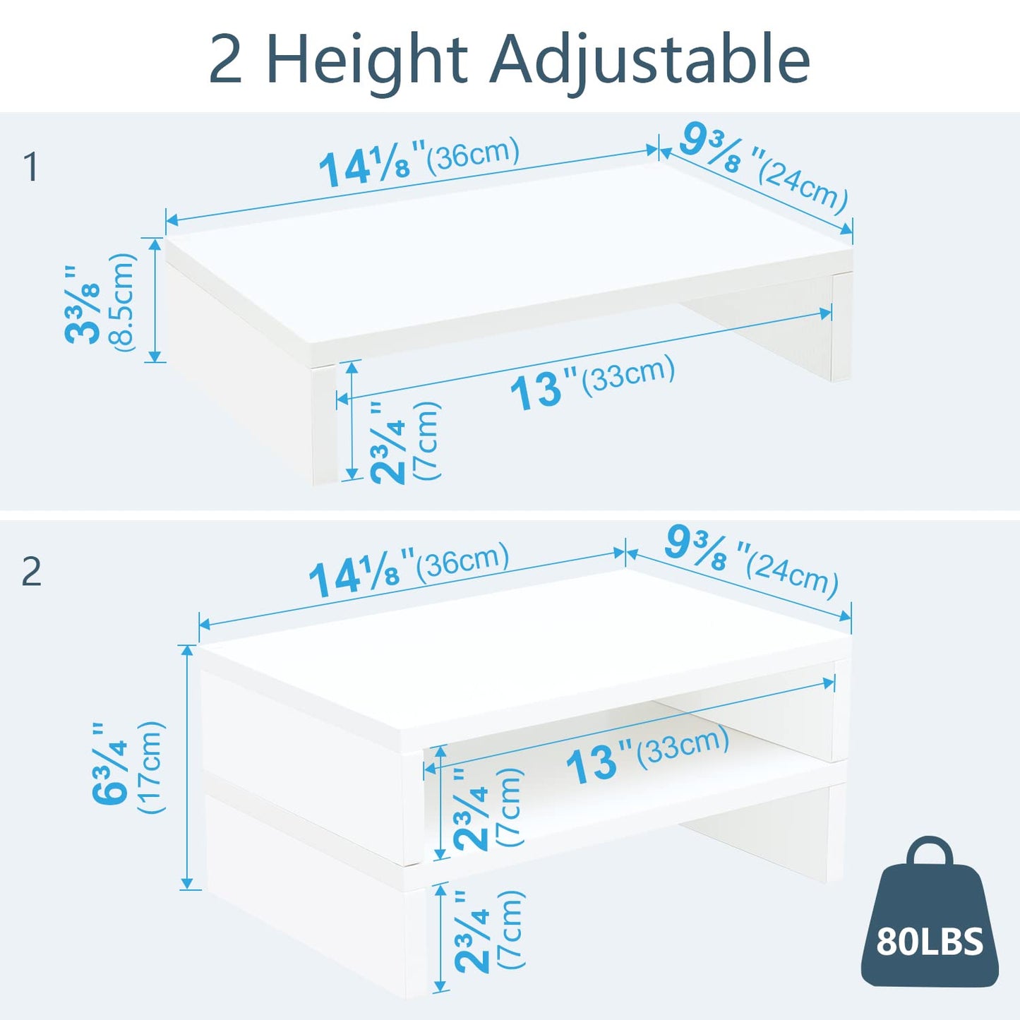 TEAMIX 2 Tier White Wooden Laptop Stand and 2 Pack White Monitor Stand Riser for Computer Desk Home Office Organization.