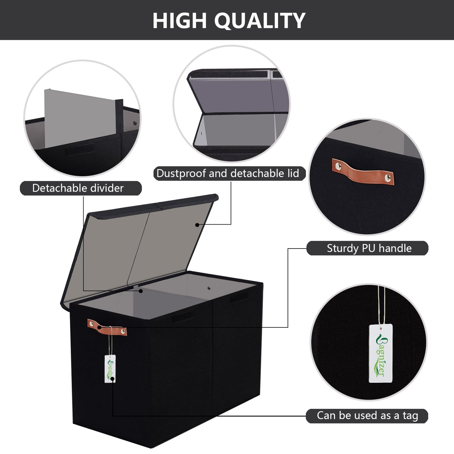 Bagnizer Large Toy Storage Box with Lids, Collapsible Sturdy Baby Storage Organizer Chest Bin Basket for Kids, Boys, Girls, Playroom, Nursery, Bedroom, Closet 25"x13"x16" (Black)
