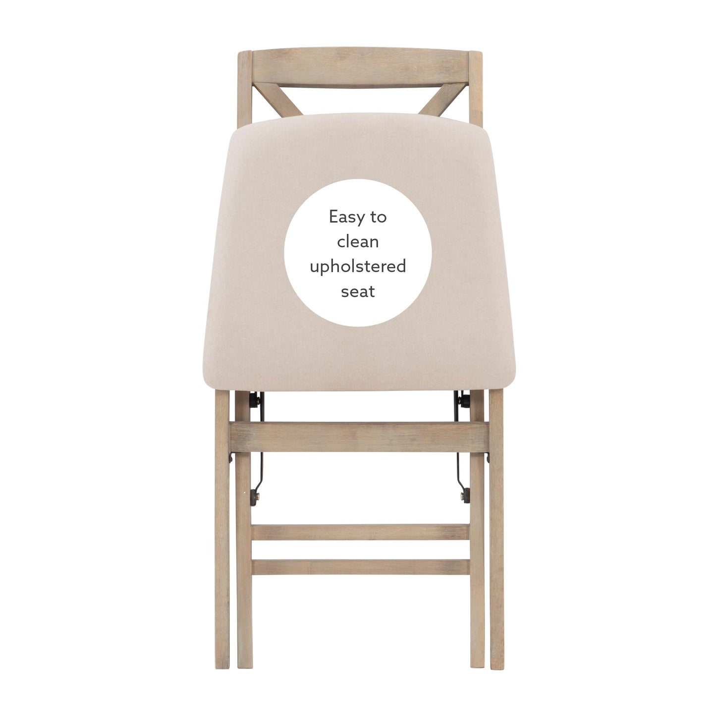 Keira Grey Wash Wooden Folding Chair with Beige Upholstered Seat and Classic Wooden X Back by Linon