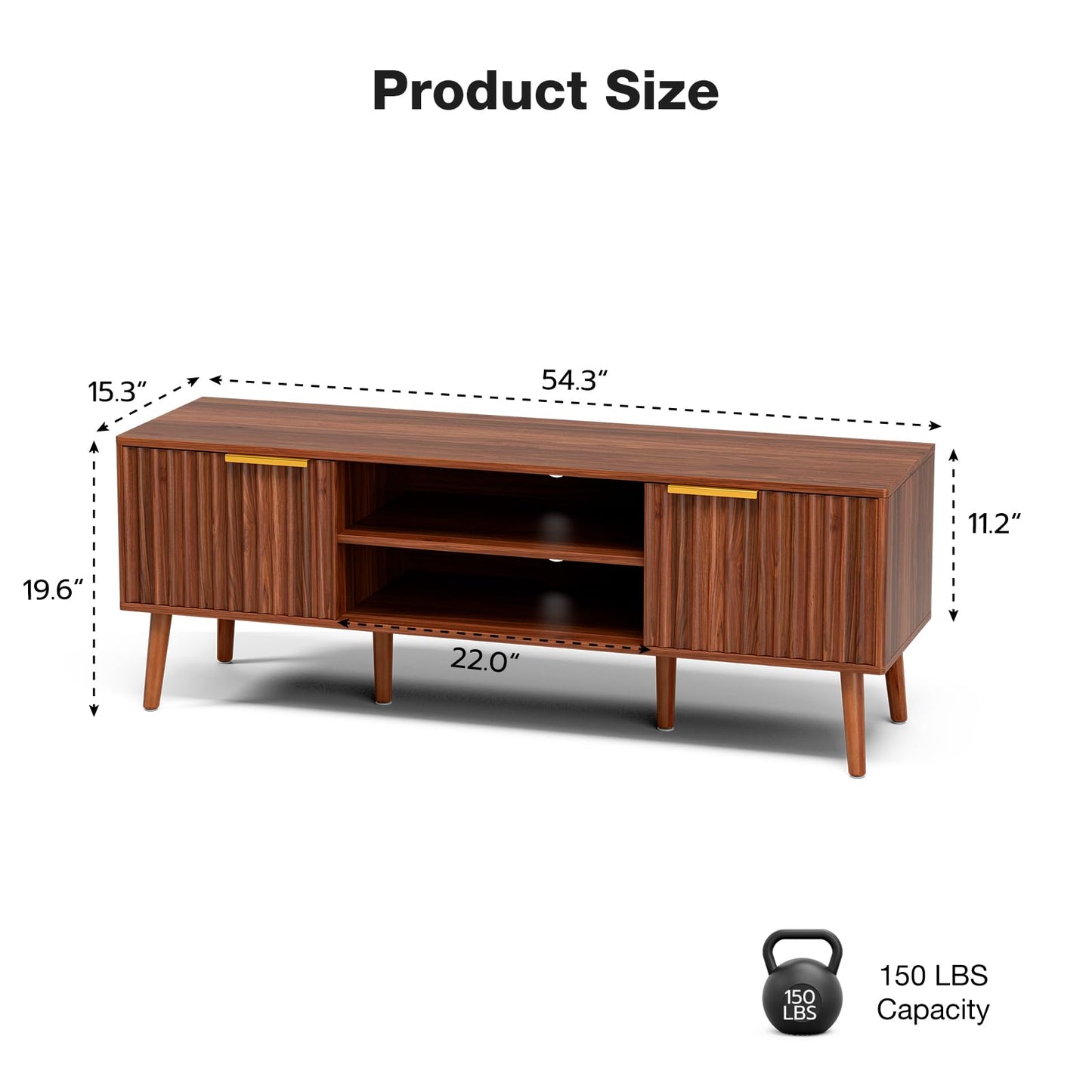 LCRBOL TV Stand for Living Room, Mid Century Modern Entertainment Center for 55/60 inch TVs, TV Console with Fluted Door Cabinets and Open Shelves, for Bedroom, Walnut