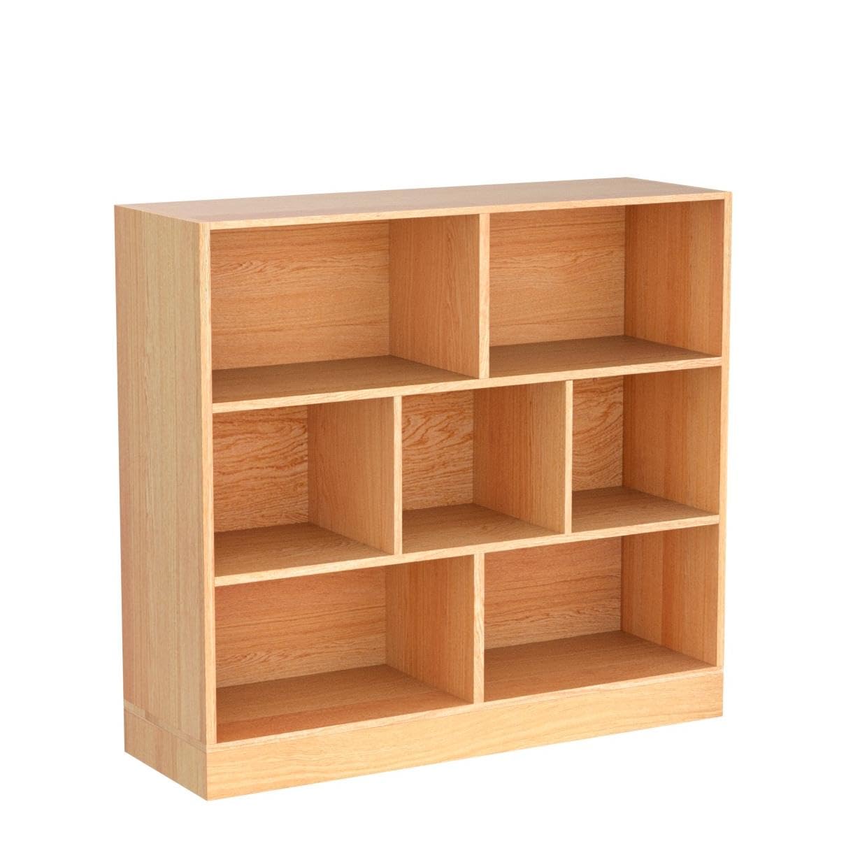 IOTXY Open Shelf Low Bookcase - Wooden 3-Tier Floor Standing Display Cabinet Organizer with Base, 7 Cubes Short Horizontal Bookshelf in Pear Yellow