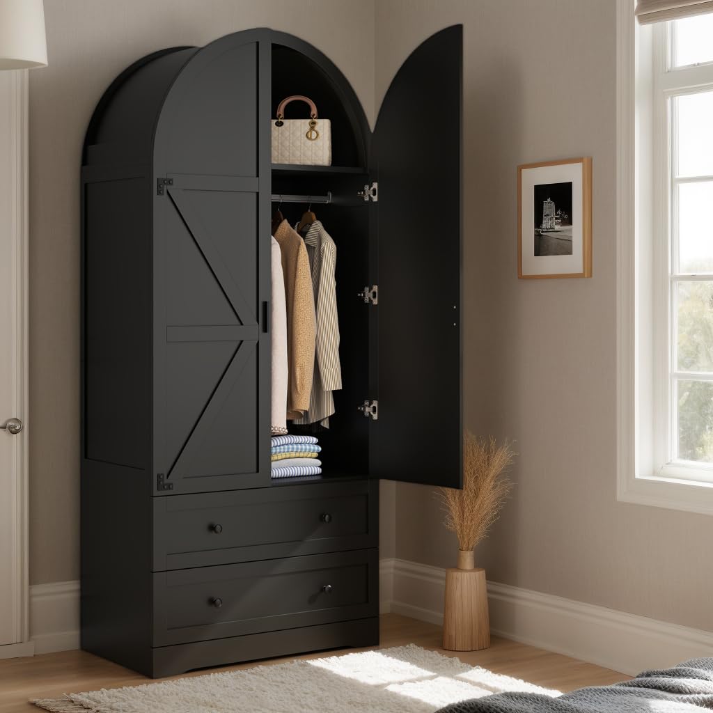 Black Armoire Wardrobe Closet,Wooden Wardrobe with 2 Doors and 2 Drawers,Bedroom Freestanding Armoire Storage Cabinet with Hanging Rack,Wardrobe Storage with with Hanging Rod for Bedroom, Cloak Room