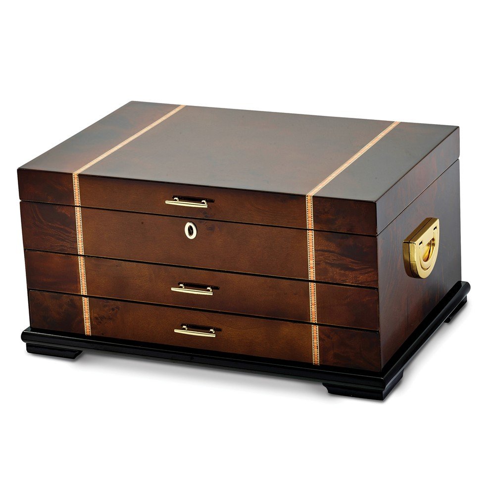 High Gloss Rustic Burlwood w/Walnut Inlay 2-Drawer Jewelry Chest