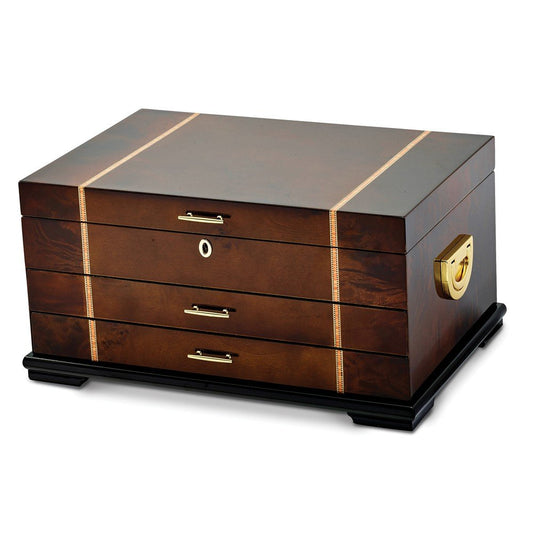 High Gloss Rustic Burlwood w/Walnut Inlay 2-Drawer Jewelry Chest