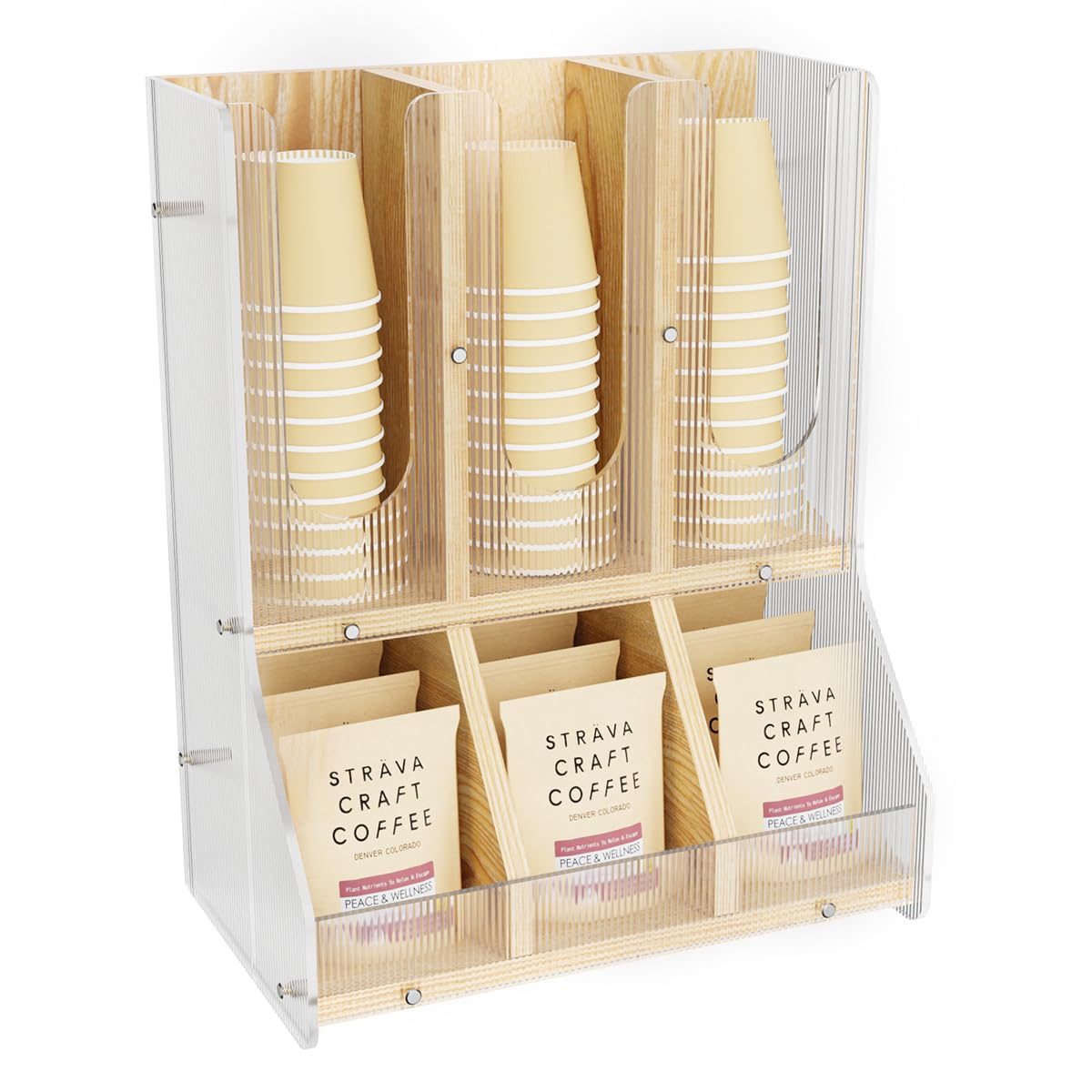 BYCY Coffee Bar Organizer for Countertop,Wooden Shelf for Tea Station with acrylic boards,Coffee Cup and Lid Organizer Coffee Pod Holder Accessories Storage for Office, Home