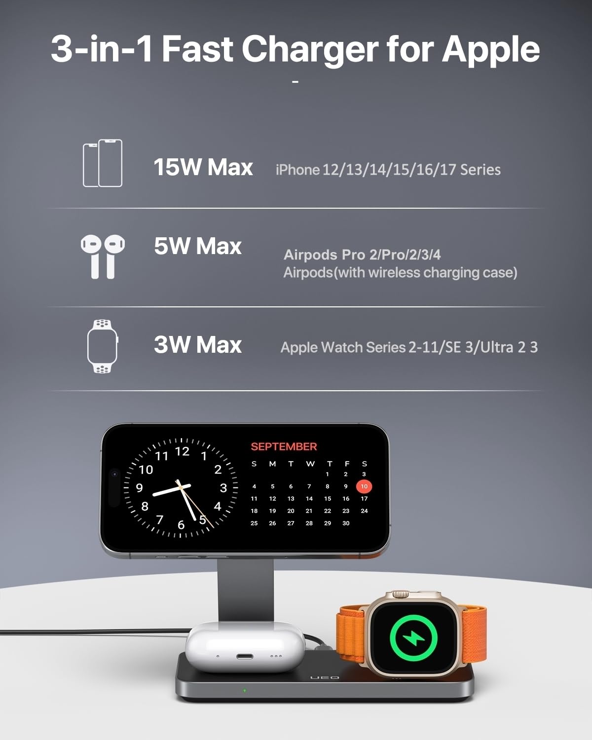 UEQ Foldable 3 in 1 Wireless Charging Station for Apple Compatible with Magsafe Charger Stand,Magnetic Wireless Charger Station for iPhone 17 Air16 15 14 13 12 Series,Airpods Pro,Apple Watch(Black)
