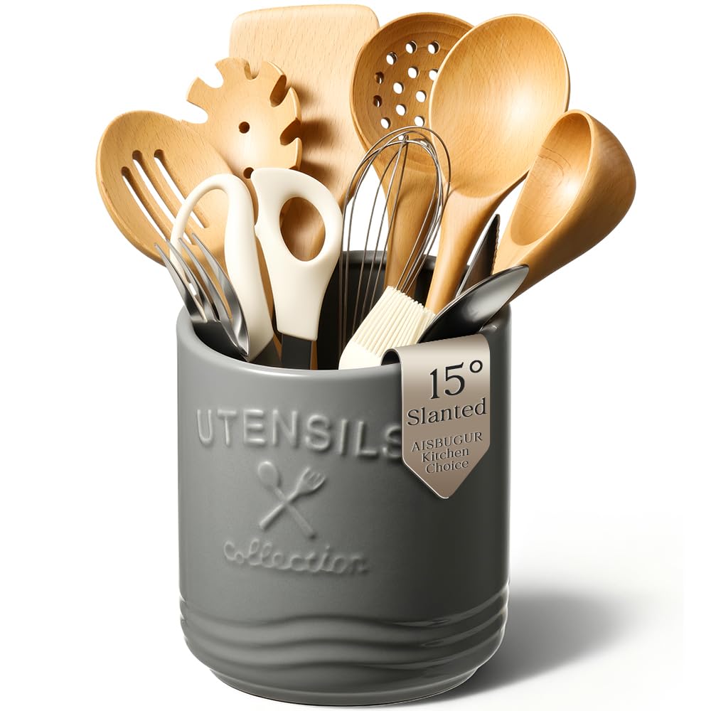 AISBUGUR Large Ceramic Utensil Holder 7.5" H×6.3" W with Slanted Mouth - Utensil Crock with Non-Slip Cork Base for Kitchen Counter, Ideal for Decor & Gift,Grey