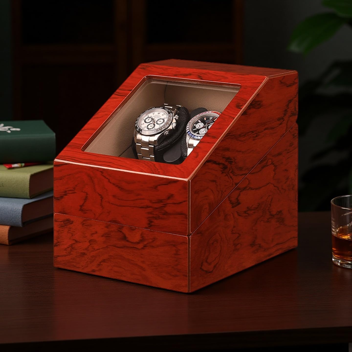 Mineesi Watch Winder Box for Automatic Watches, 2-Watch Winder with Quiet Motor, Handcrafted Piano-Finish Wooden Watch Winder Spinner Box with 2 Storage Case for Men's & Women's Watches (Tawny Brown)