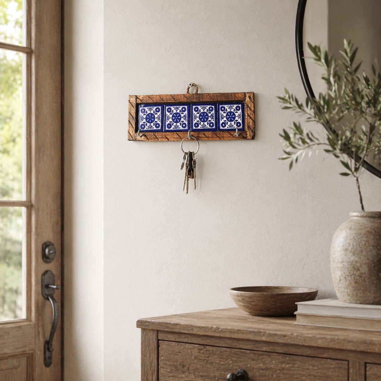 Casa Fiesta Designs Mexican Talavera Key Holder – Handcrafted Wooden & Ceramic Wall Organizer with 3 Metal Hooks – Blue & White Tile Design – Rustic Home Décor - Portallaves 4 Azulejos Azules