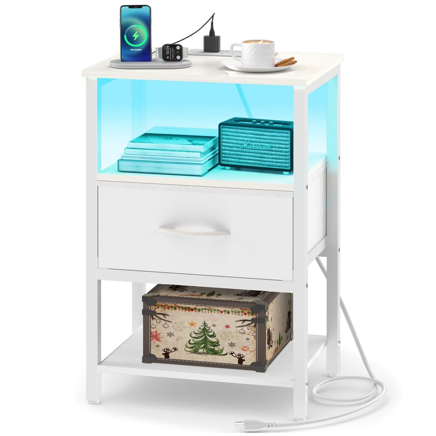 Yoobure White Night Stand with Charging Station, LED Nightstand for Bedroom, Bedside Tables with Adjustable Fabric Drawer, 3-Tier End Table Living Room, Small Side Table with Storage