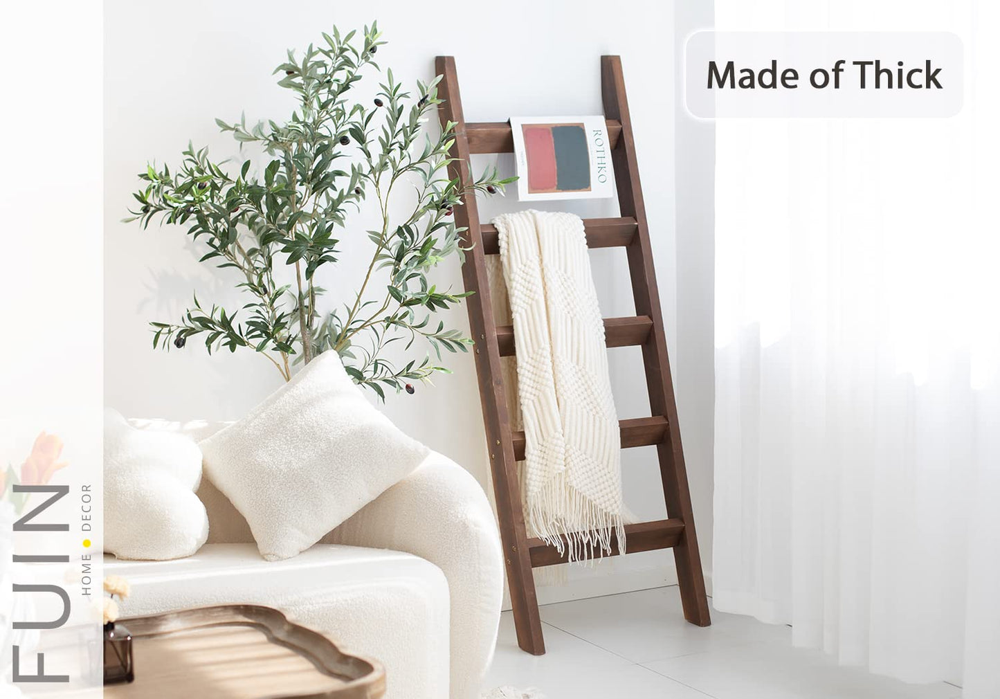 FUIN 5ft (58") Wood Blanket Ladder Living Room Decorative Wall Leaning Farmhouse Quilt Display Holder Rustic Wooden Towel Rack for Bathroom, Brown