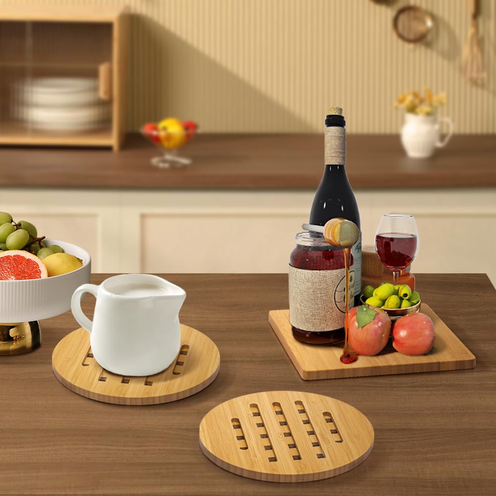 Bamboo Trivet,Hot Pads Trivet Natural Mat Set for Hot Dishes/Bowl/Teapot/Hot Pot Holders 4 Square 4 Roundness