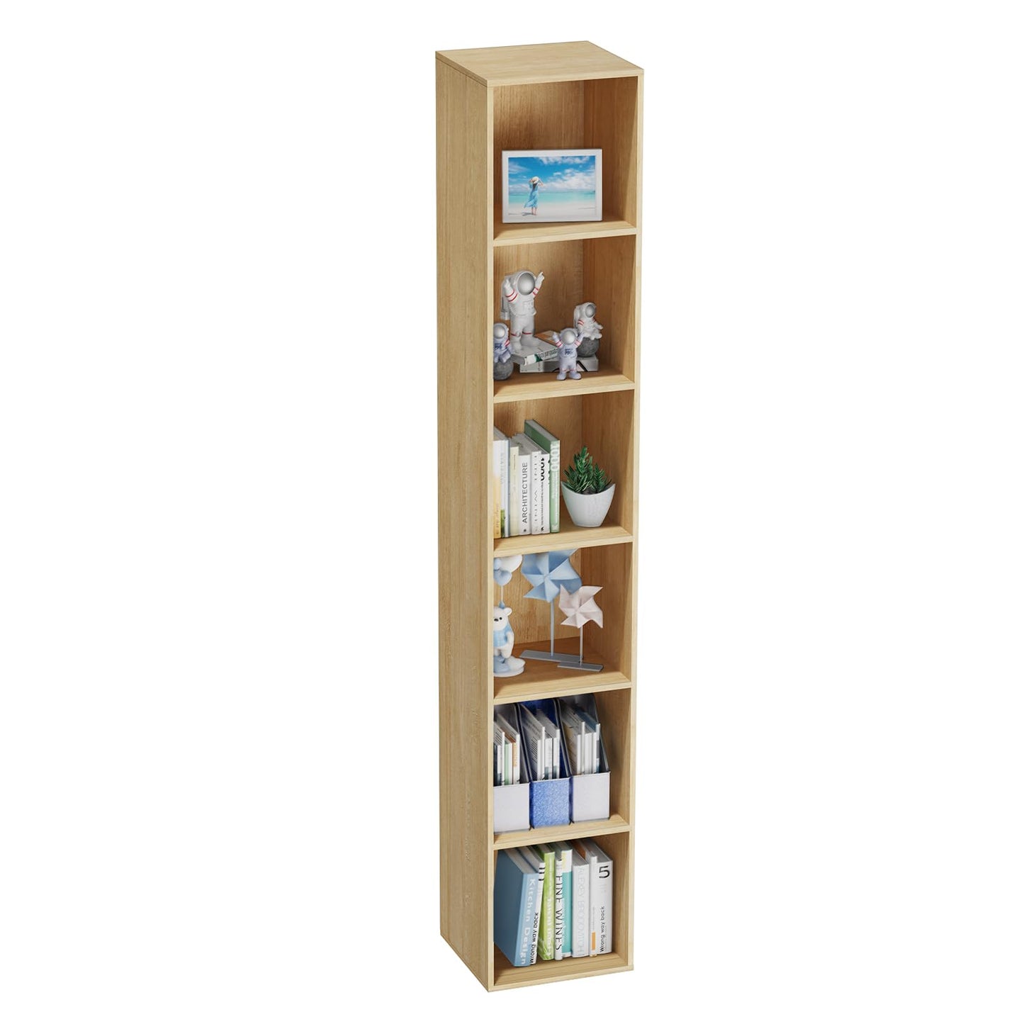 Nestwise 6 Tier Bookshelf, Open Tall Narrow Floor Standing Bookcase, Storage Organizer Bookshelves Freestanding Book Shelf for Living Room, Bedroom, Home Office (Oak, 6 Cube)