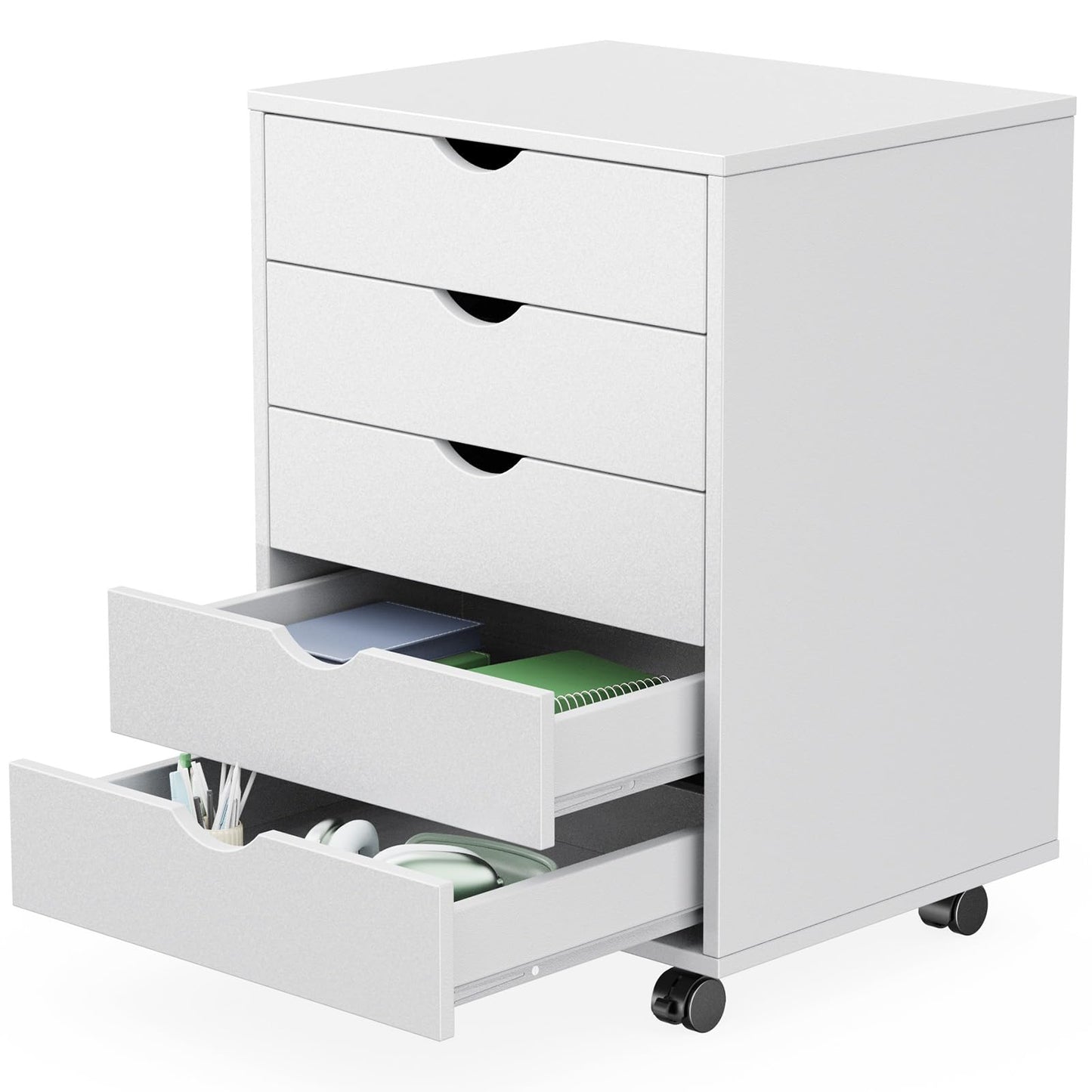 Sweetcrispy 5 Drawer Chest Mobile Storage Cabinets Small Wooden Dresser with Wheels Room Organization Furniture for Office Home, Rolling Vertical Organizer for Home Office, White Wood