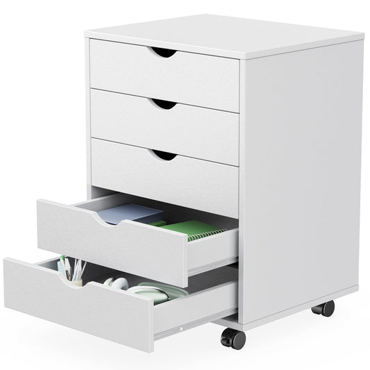 Sweetcrispy 5 Drawer Chest Mobile Storage Cabinets Small Wooden Dresser with Wheels Room Organization Furniture for Office Home, Rolling Vertical Organizer for Home Office, White Wood
