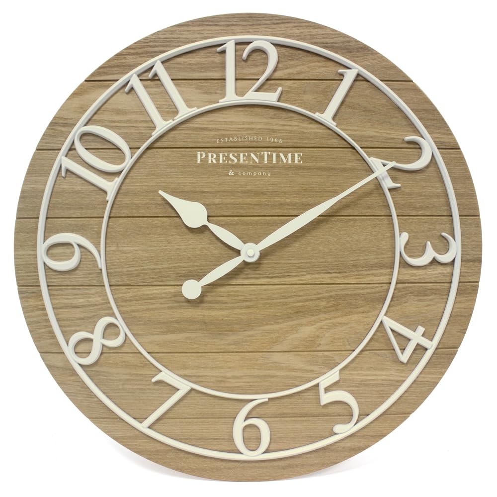 Presentime & Co Classic Farmhouse Shiplap Clock, 19.5 inch, White Arabic Numerals with Ash Wood Shiplap Style. Large Farmhouse Decor for Living Room, Entryway, Home Office, Wall Décor