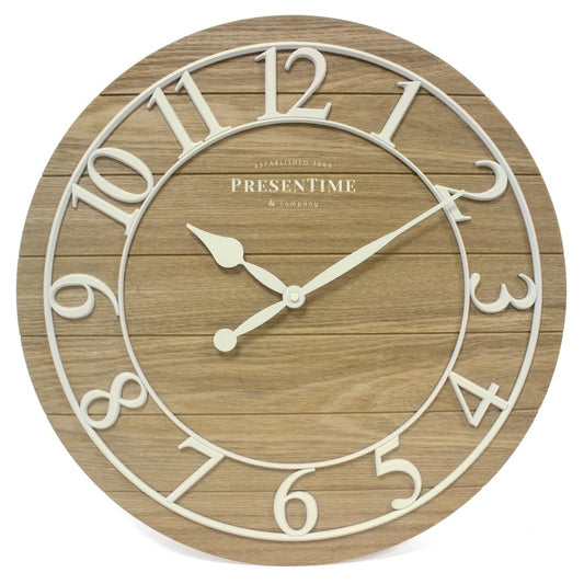 Presentime & Co Classic Farmhouse Shiplap Clock, 19.5 inch, White Arabic Numerals with Ash Wood Shiplap Style. Large Farmhouse Decor for Living Room, Entryway, Home Office, Wall Décor