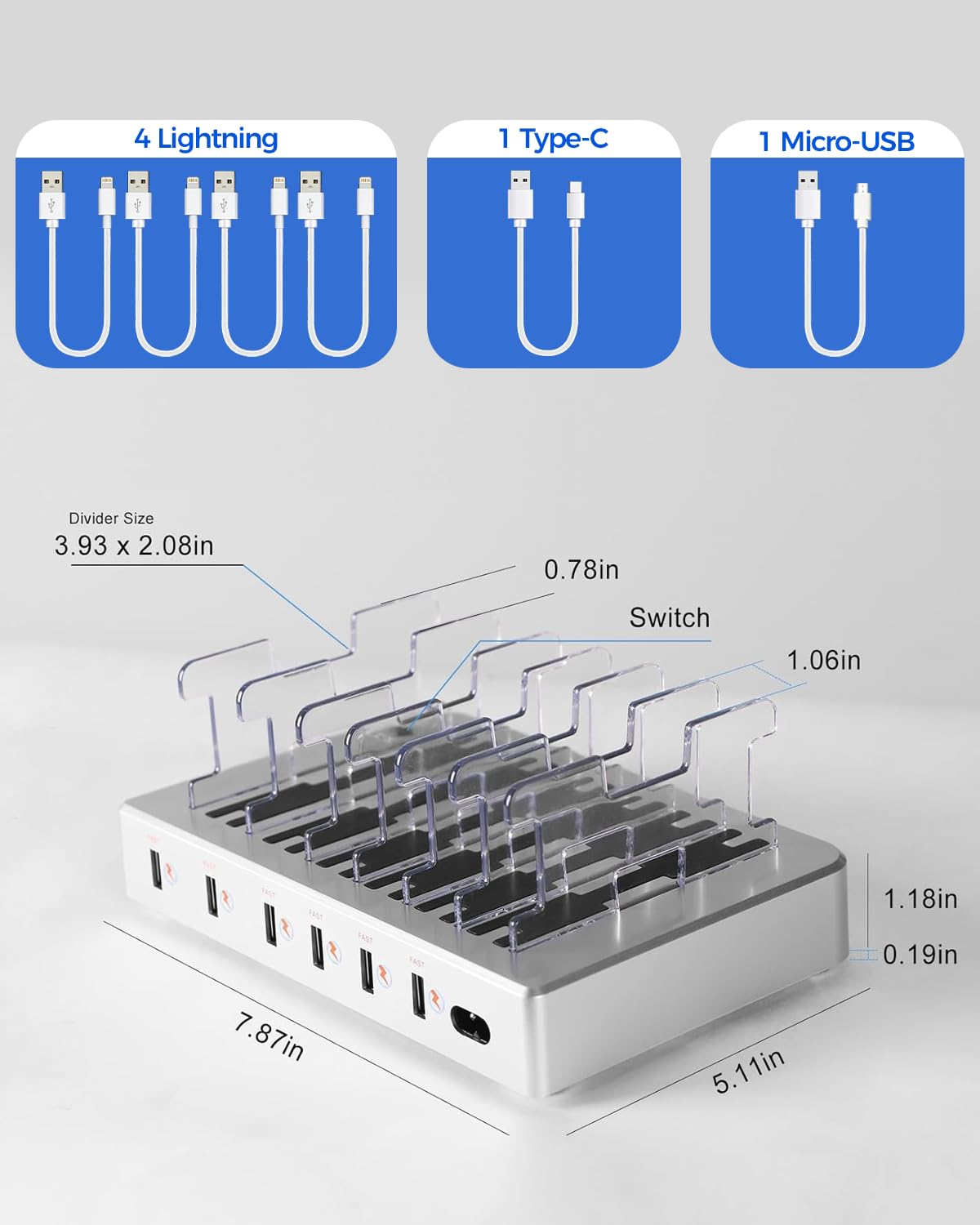 300W Charging Station for Multiple Devices, Fast Charging 6 Port Charging Station - Compatible with iPhone iPad Android Tablets, Home Office Travel Organizer