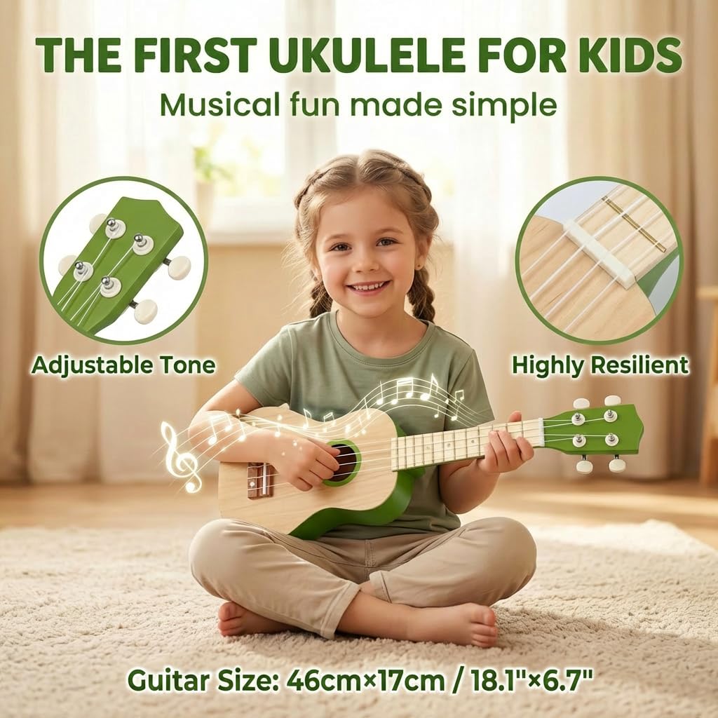 Raimy Kids Guitar Set, 7 in 1 Wooden Musical Instruments for Toddlers 3+ Montessori Music Toys Set with Ukulele/Tambourine/Hand Bell/Clarinet/Guiro/Maraca for Boys Girls Birthday Gift (Green)