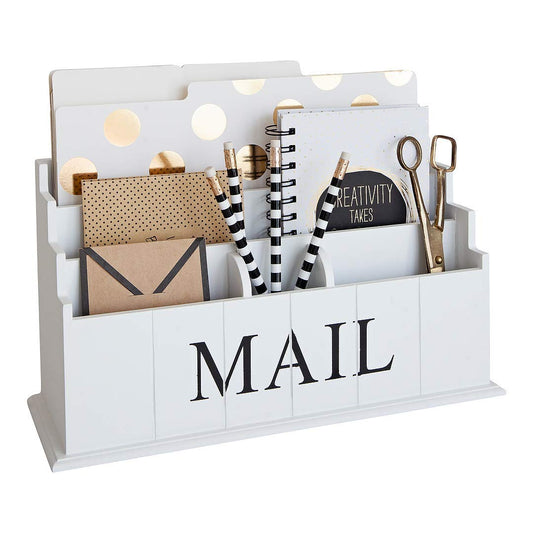 BLU MONACO | White Wooden Mail Organizer for Countertop | Standing File Organizer for Desk with 3 Tier Storage | Mail Sorter Organizer Countertop Rustic Office Kitchen