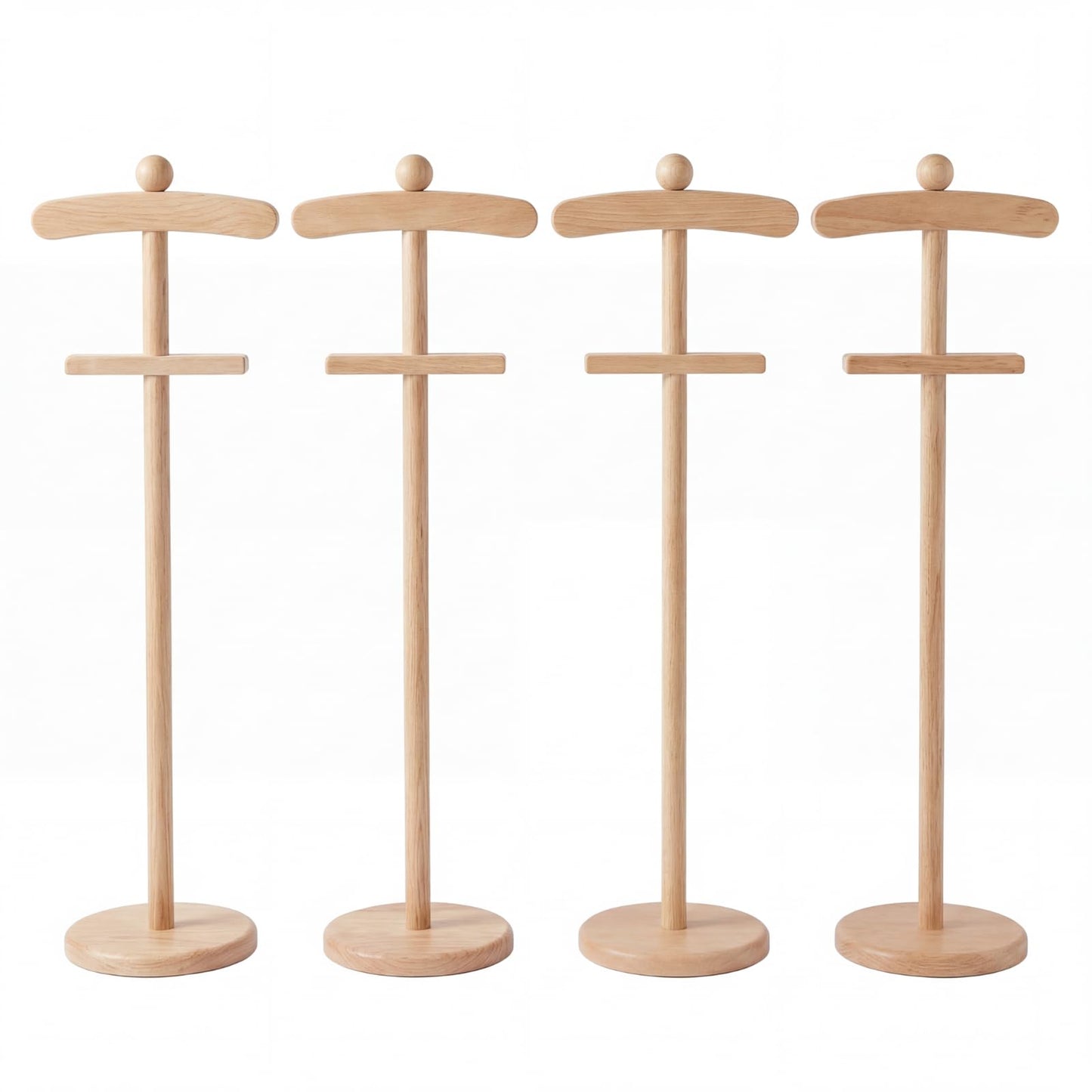 Bucherry 4 Pack Baby Clothes Display Stand Wooden Baby Shower Centerpiece Adjustable Height Circle Shaped Dress Hanger Doll Dress Outfit Stand Rack Hand Assembled Hangers Display Set (Wood Color)