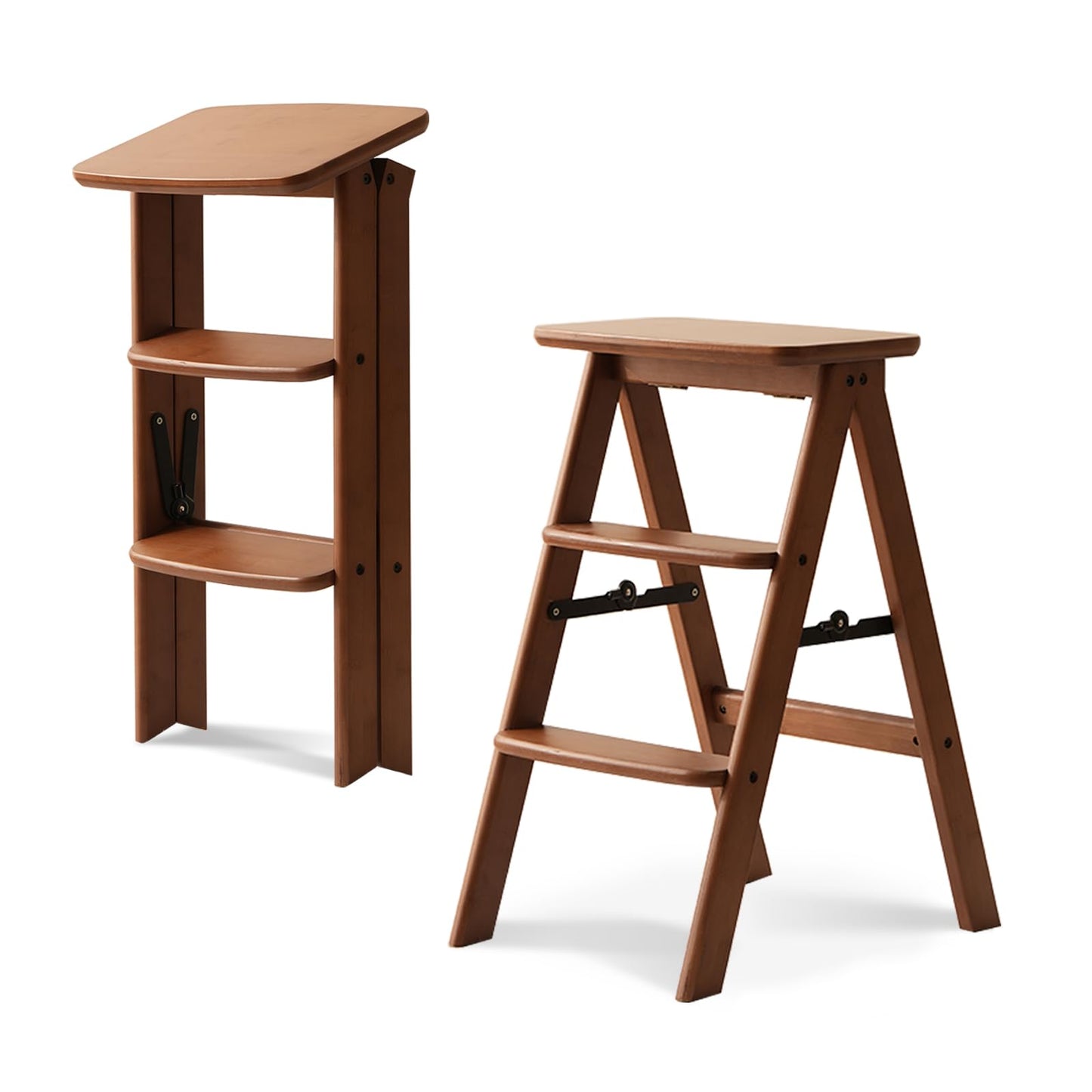 Baveke 3 Step Ladder Folding Step Stool, Wooden Step Stool Foldable, Folding Step Stools for Adults, Bamboo Kitchen Ladder, Three Stepladder for Library (Brown, FSC-Certified Bamboo)