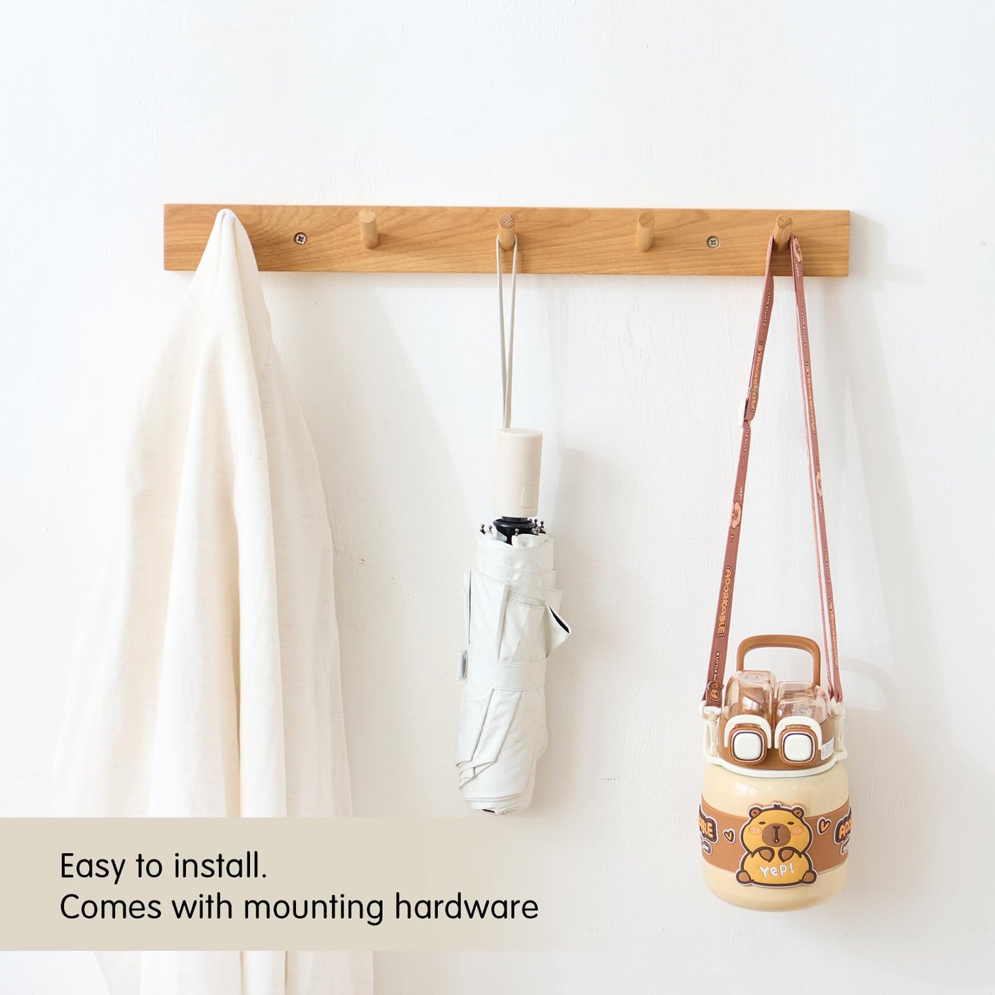 TRWISWDC Hickory Wood Coat Rack Wall Mount, 24 Inch Coat Hook Hanger Wooden Wall Coat Rack with 6 Hooks for Purse Clothes Towels Hats in Entryway Bedroom Bathroom, Natural
