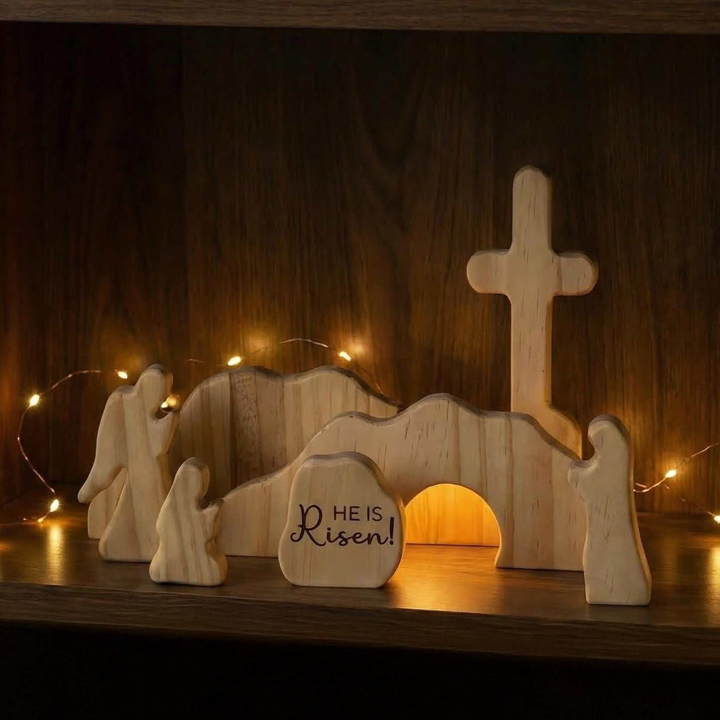 GRECOMEIN He is Risen Wooden Easter Resurrection Scene, Handcrafted Solid Wood Empty Tomb Set with Rolling Stone and Cross, Christian Religious Decor, Catholic Gifts