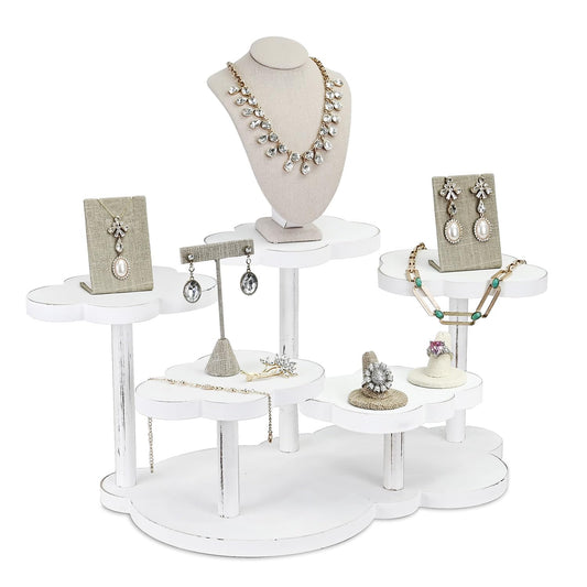 MOOCA 5-Tier Cloud-Shaped Wooden Display Riser for Jewelry, Accessories, and Collectible items - Wooden Jewelry and Figurine Display Risers, Multilevel Stand for Action Figures and Home Decor, Antique White Color