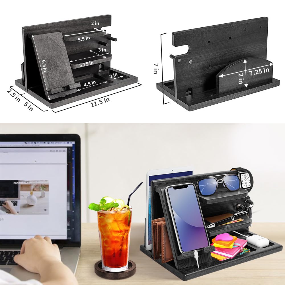 Wood Phone Docking Station - Gifts for Men Desk or Nightstand Organizer - Birthday Gifts for Husband, Fathers Day for Dad - Anniversary Idea from Wife - Key Holder, Stand Wallet, Watch & Essentials