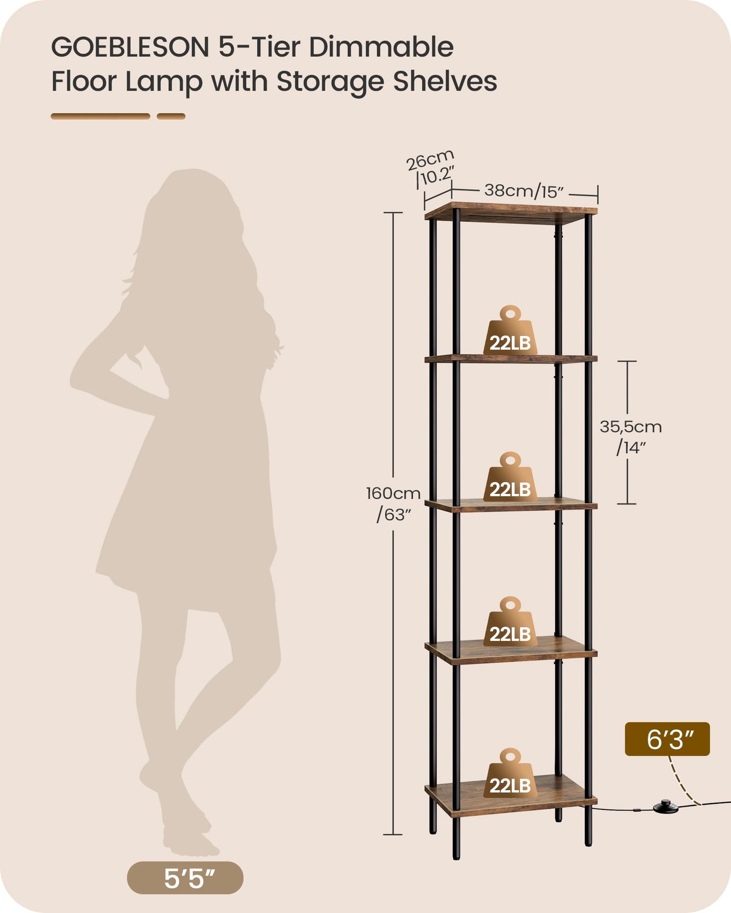 GOEBLESON Display Shelf with Light, 5-Tier Modern Shelf Lamp, Corner Floor Lamp with Shelves, Dimmable LED Floor Lamp for Living Room with Remote, 3CCT, Timer, Wooden Corner Shelf Lamp, F52LD05