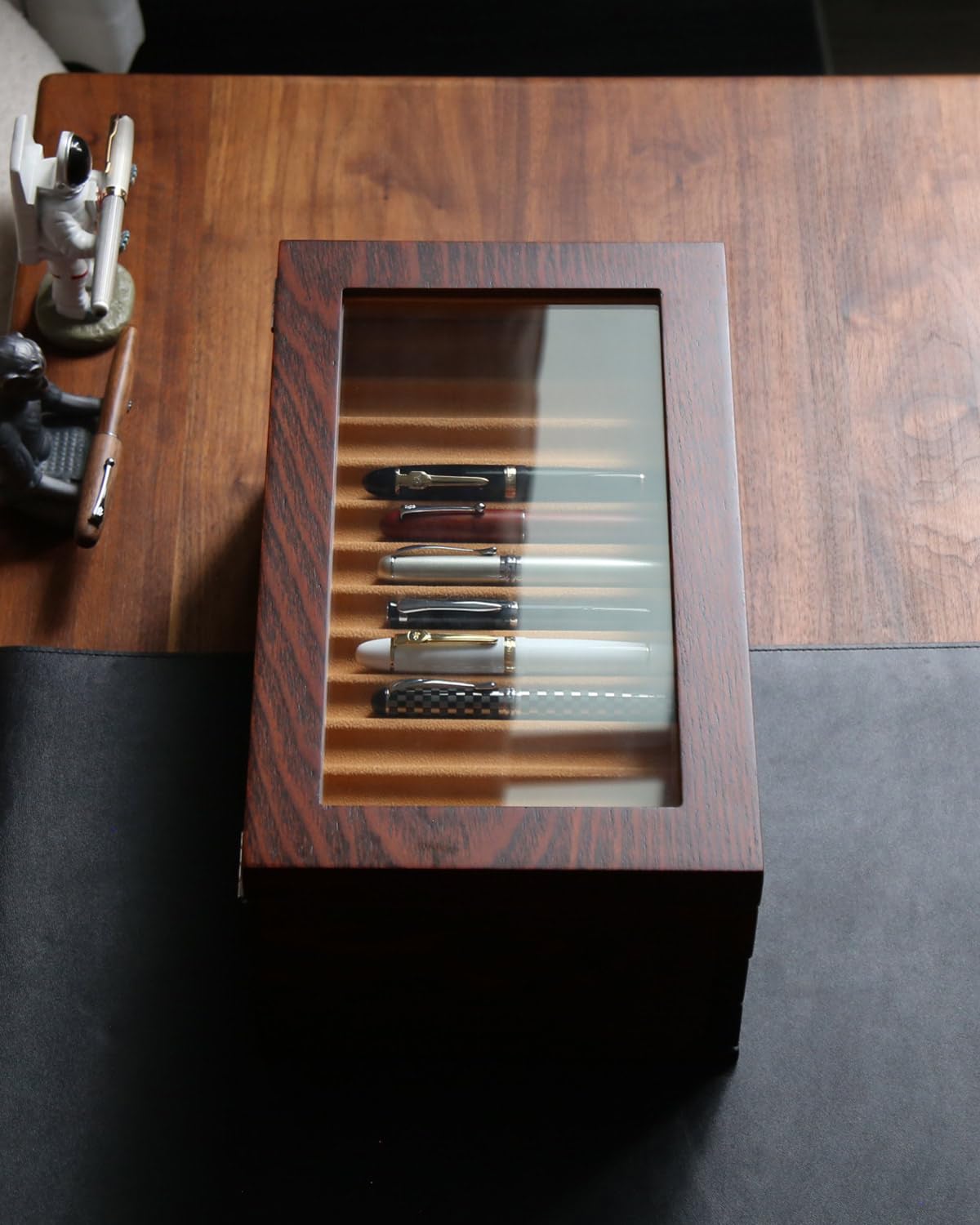 Besforu Wood Pen Display case 36 Slot Fountain Pen Box Storage Organizer with Drawer, Top Glass Window Pen Collection Display Case