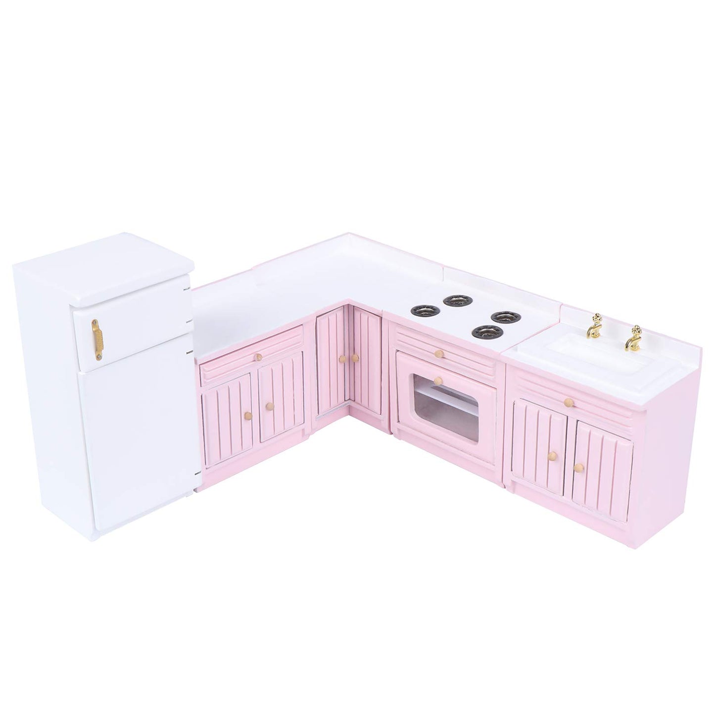 Haomian 1:12 Scale Dollhouse Kitchen Furniture Set, Pink Wooden Miniature L-Shaped Kitchen Cabinets with Fridge Sink Stove, Doll House Kitchen Accessories for Role Play DIY Decor Collectibles