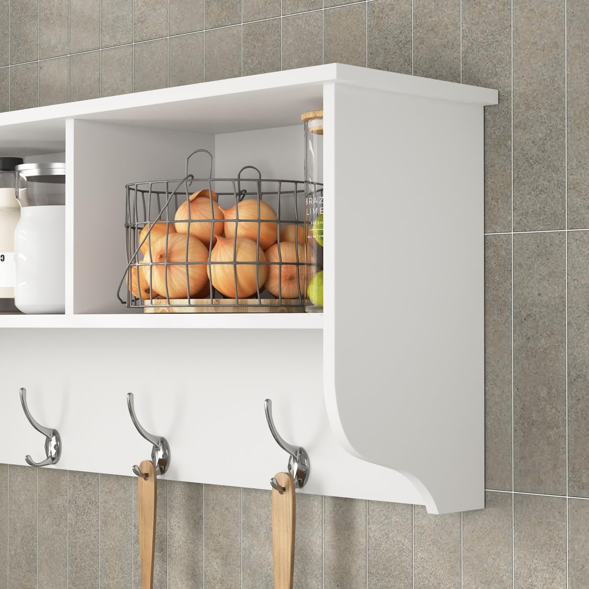 TUNGTAR 38.6inch Wall Mounted Entryway wooden Coat Rack with Storage Shelf 4 Dual Hooks Wooden Storage Living Room Wall Cabinet with 3 Cubbies Space Saving Hanging Shelf for Hats Bags Coats (White)