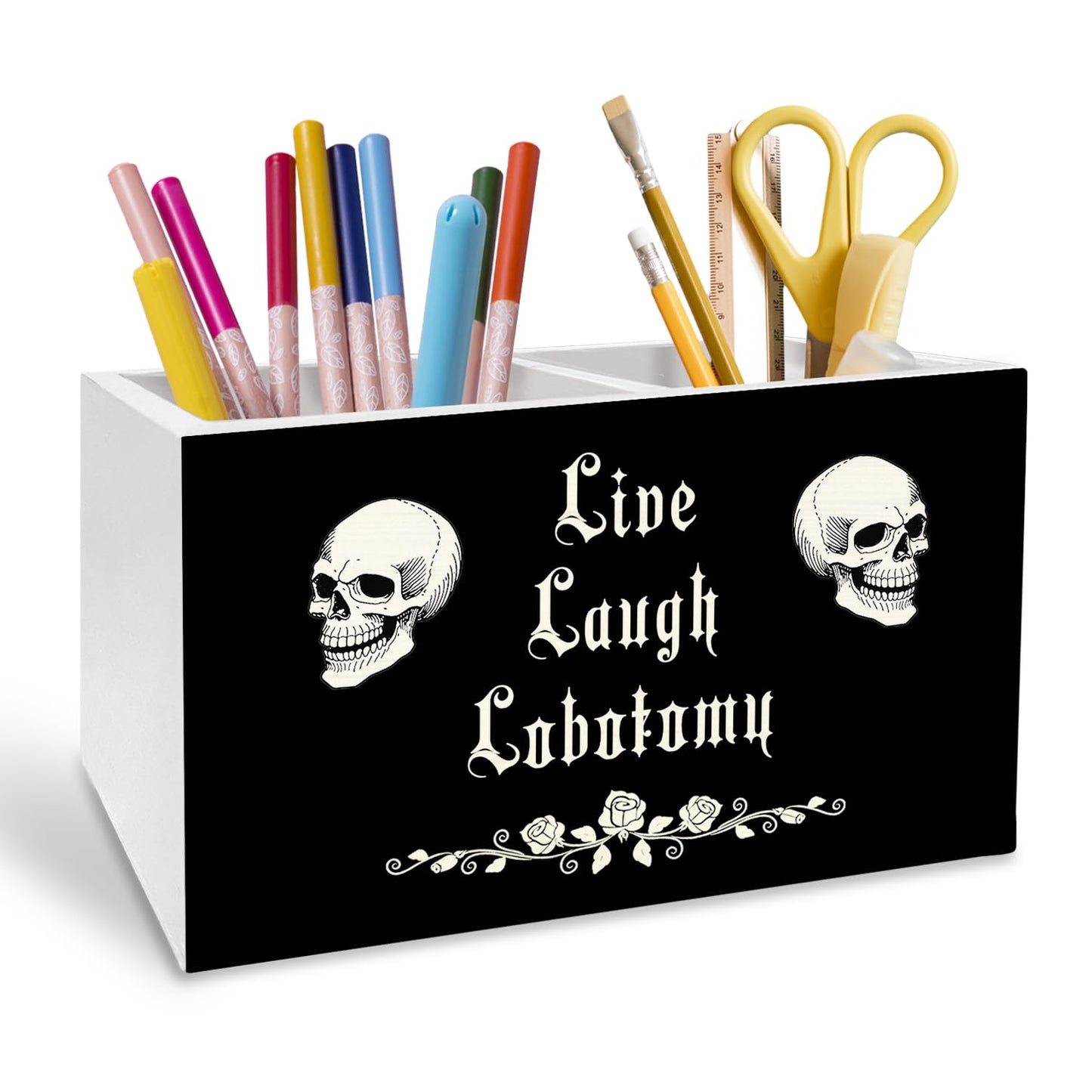 METNBASYY Dark Academia Gothic Skeleton Pen Holder for Desk, Funny Goth Skull Pencil Organizer, Live Laugh Lobotomy Dark Humor Wooden Box Sign Desk Decor for Home Office Decoration