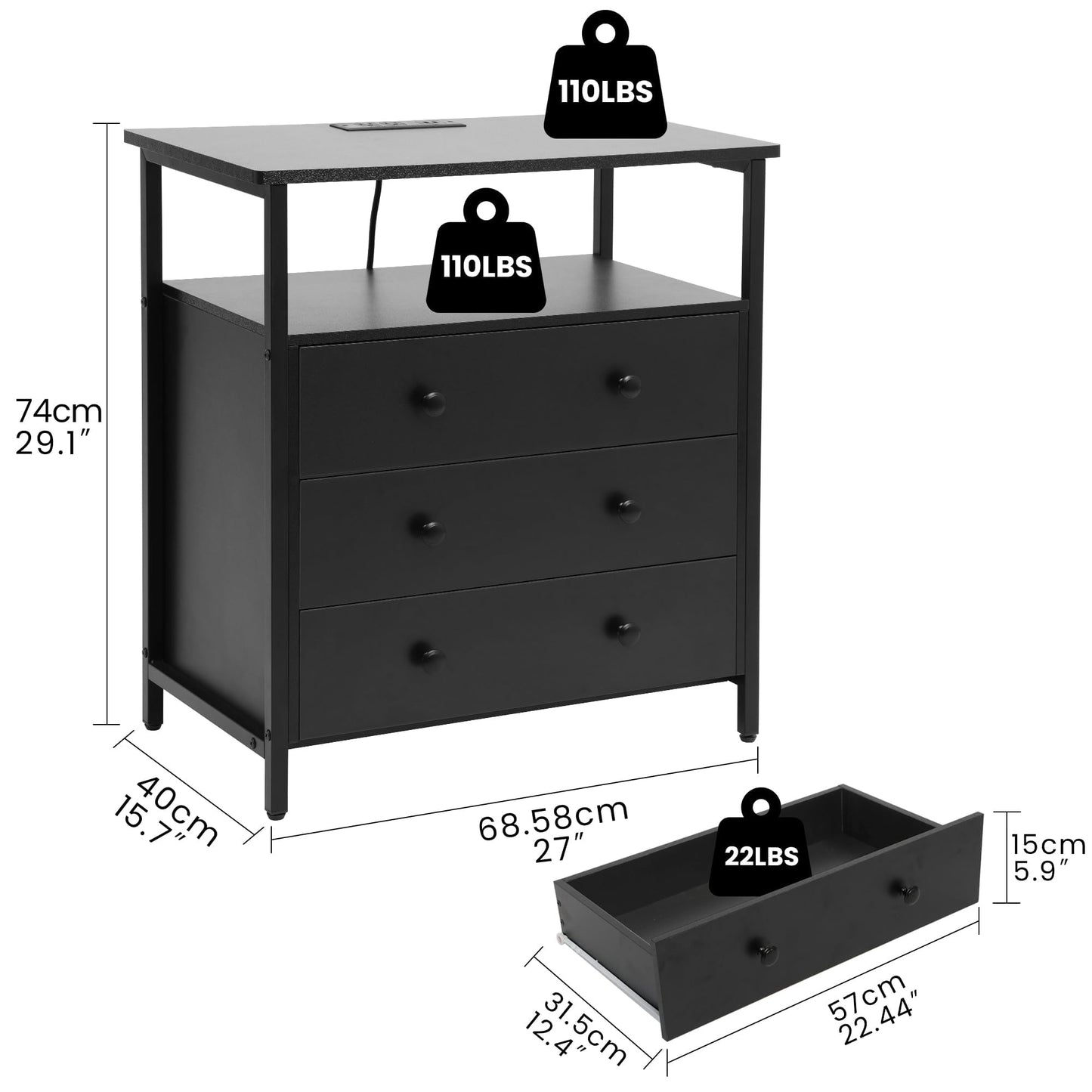 Edbuosy 3 Wooden Drawers Night Stand, 27 Inch Wide Nightstand with Charging Station and Adjustable Drawers, Small Dresser for Closet, Bedside Table for Living Room/Bedroom/Office, Black