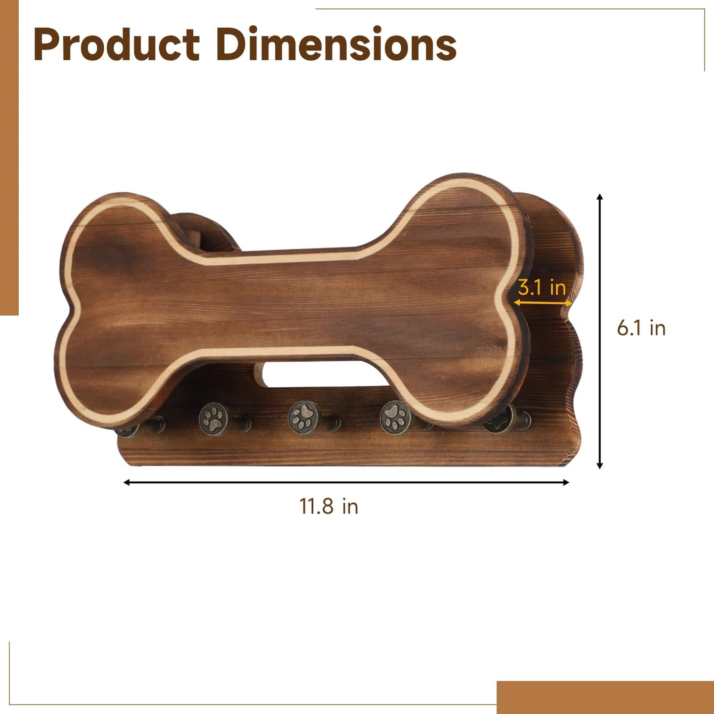 Doggie Bone Key Holder Wall Mount, Rustic Wooden Dog Leash Holder with 5 Hooks, Dog Stuff Storage Shelf, Pet Accessories Organizer for Entryway, Living Room, 11.8 x 6.1 x 3.1 in
