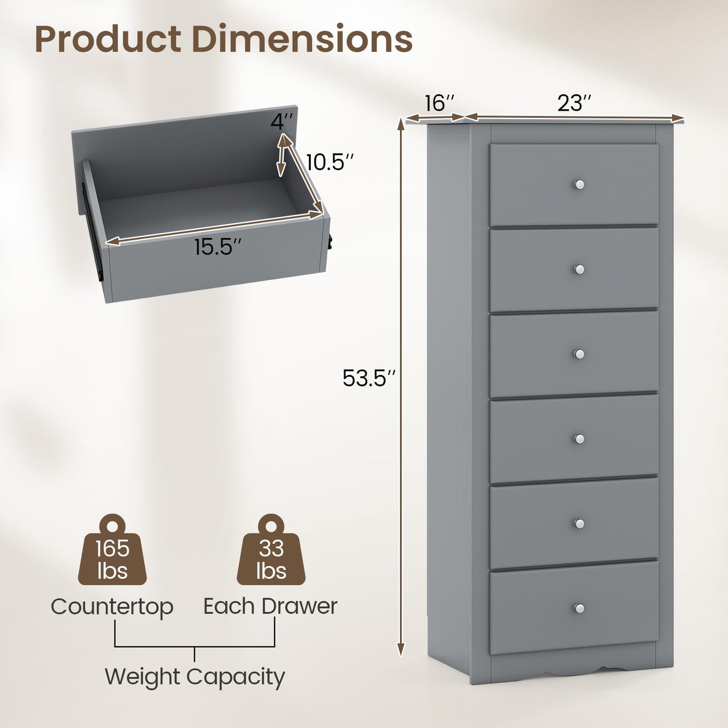 Giantex 6-Drawer Dresser for Bedroom, Wooden Chest of Drawers w/Metal Handles & Large Capacity, 16" D x 23" W x 53.5" H Clothes Organizer, Modern Tall Dresser for Bedroom, Entryway, Living Room