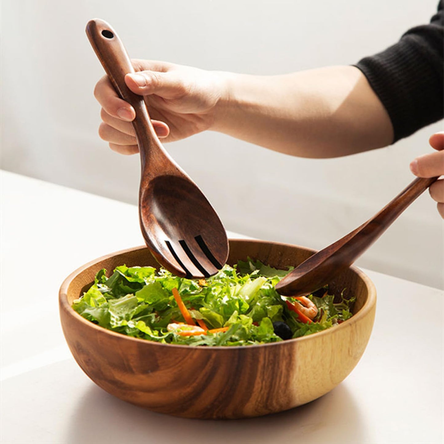 YXE Wooden Salad Bowl Set, 9.45 inch*2.75 inch Acacia Wood Large Salad Serving Bowl with Salad Spoon and fork for Mixing Fruits Cereal Pasta Salad,Pasta-(3 Piece Large Salad Bowl Set) (1, 9.45in)